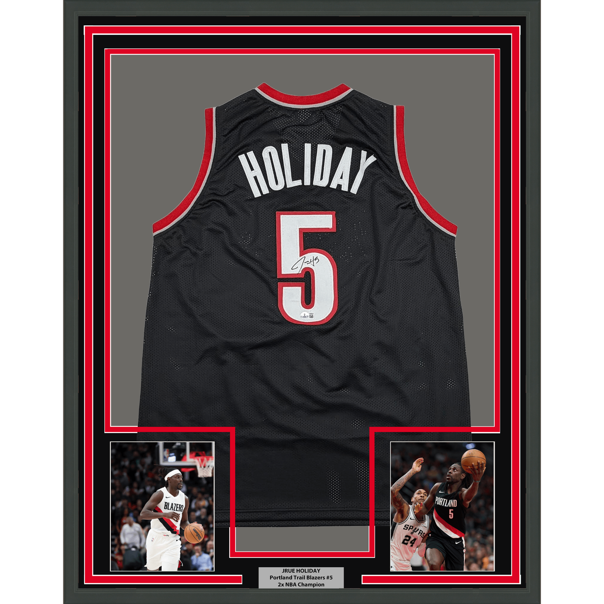 Framed Autographed/Signed Jrue Holiday 35x39 Portland Black Basketball Jersey Beckett BAS COA