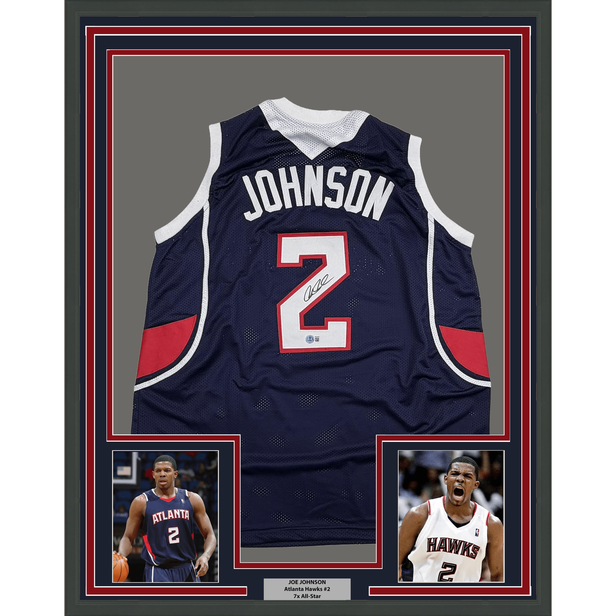 Framed Autographed/Signed Joe Johnson 35x39 Atlanta Blue Basketball Jersey Beckett BAS COA