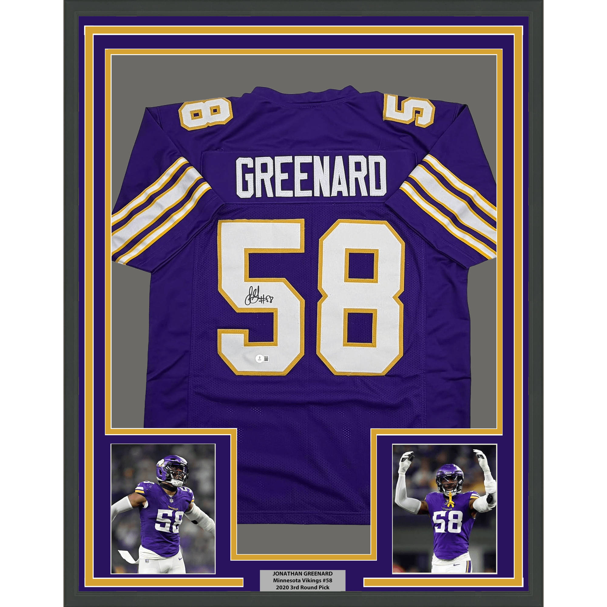 Framed Autographed/Signed Jonathan Greenard 35x39 Minnesota Purple Retro Football Jersey Beckett BAS COA