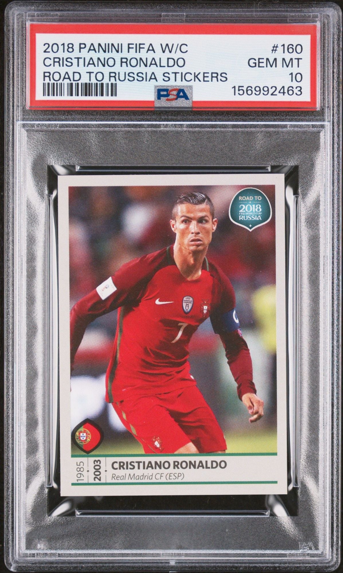 Graded 2018 Panini FIFA World Cup Cristiano Ronaldo #160 Portugal Road to Russia Stickers Soccer Card PSA 10 Gem Mint
