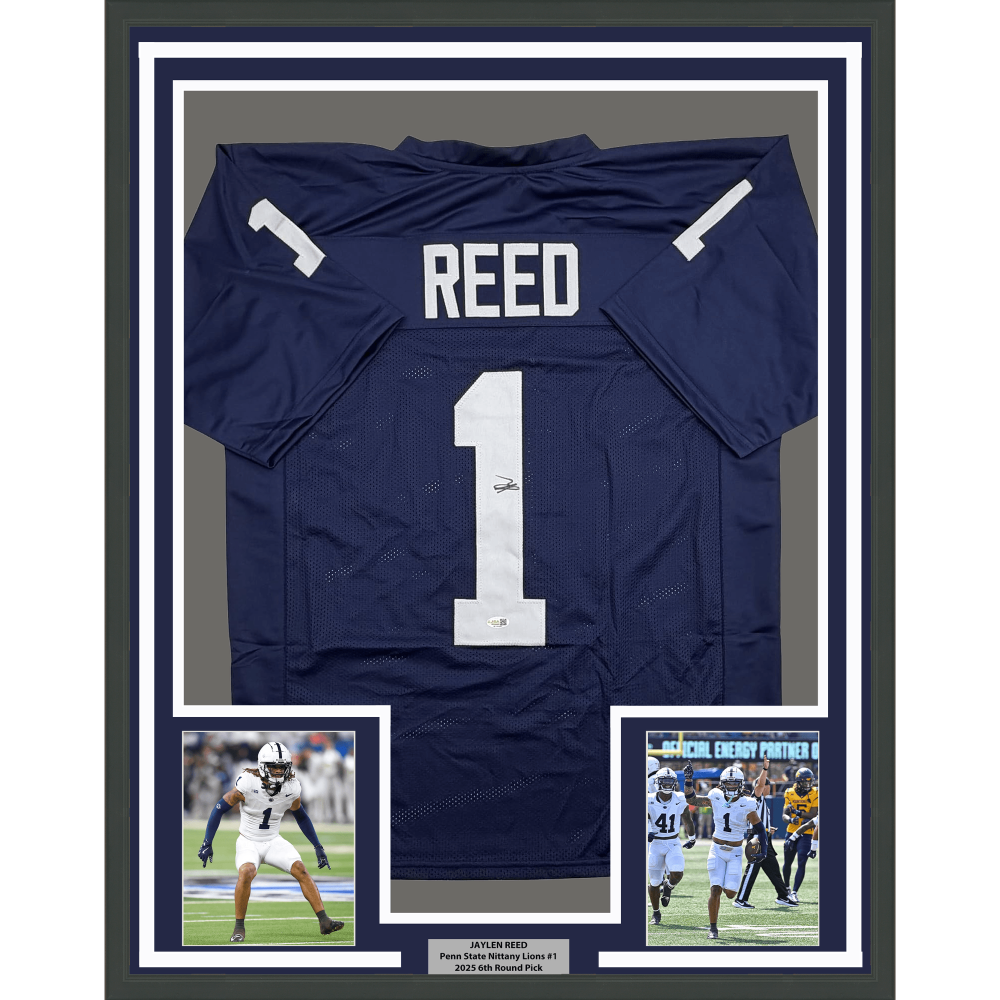 Framed Autographed/Signed Jaylen Reed 35x39 Penn State Blue College Football Jersey JSA COA
