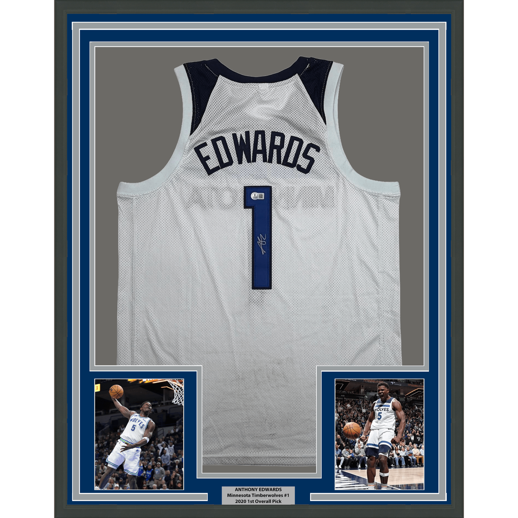 Framed Autographed/Signed Anthony Edwards 35x39 Minnesota White #1 Basketball Jersey Beckett BAS COA
