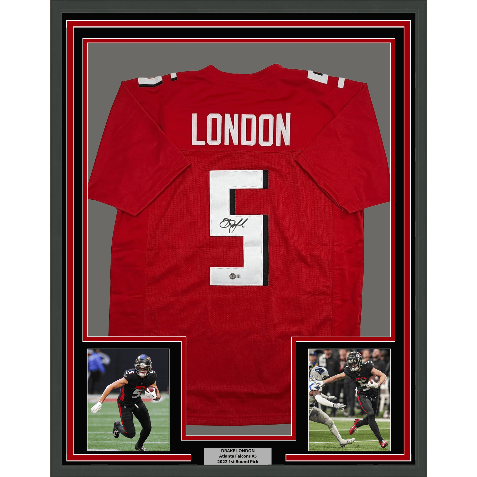 Framed Autographed/Signed Drake London 35x39 Atlanta Red Football Jersey Beckett BAS COA