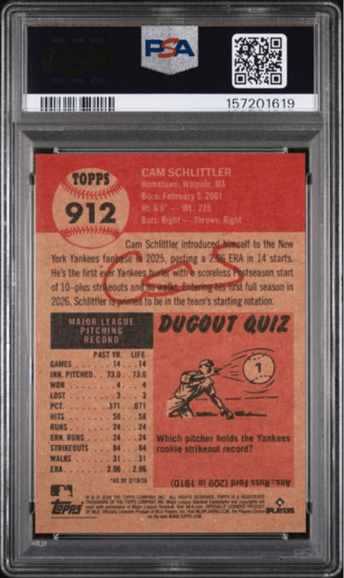 Graded 2026 Topps Living Cam Schlittler #912 Rookie RC Baseball Card PSA 9 Mint