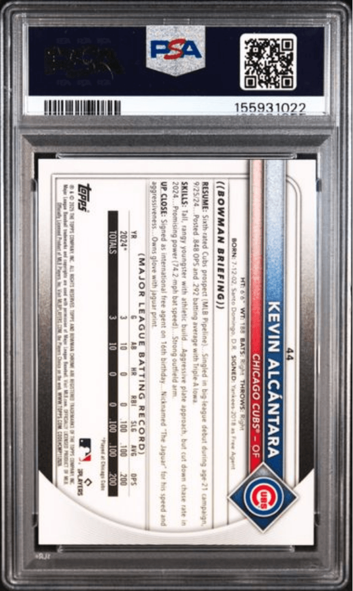 Graded 2025 Topps Bowman Chrome Sapphire Edition Kevin Alcantara #44 Gold /50 Rookie RC Baseball Card PSA 10 Gem Mint
