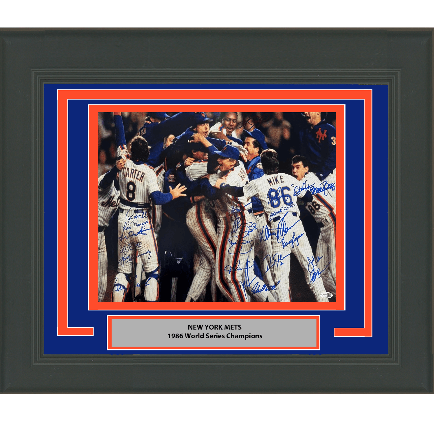 Framed Autographed/Signed 1986 New York Mets Team 26x Sigs World Series Champions 16x20 Baseball Photo JSA COA