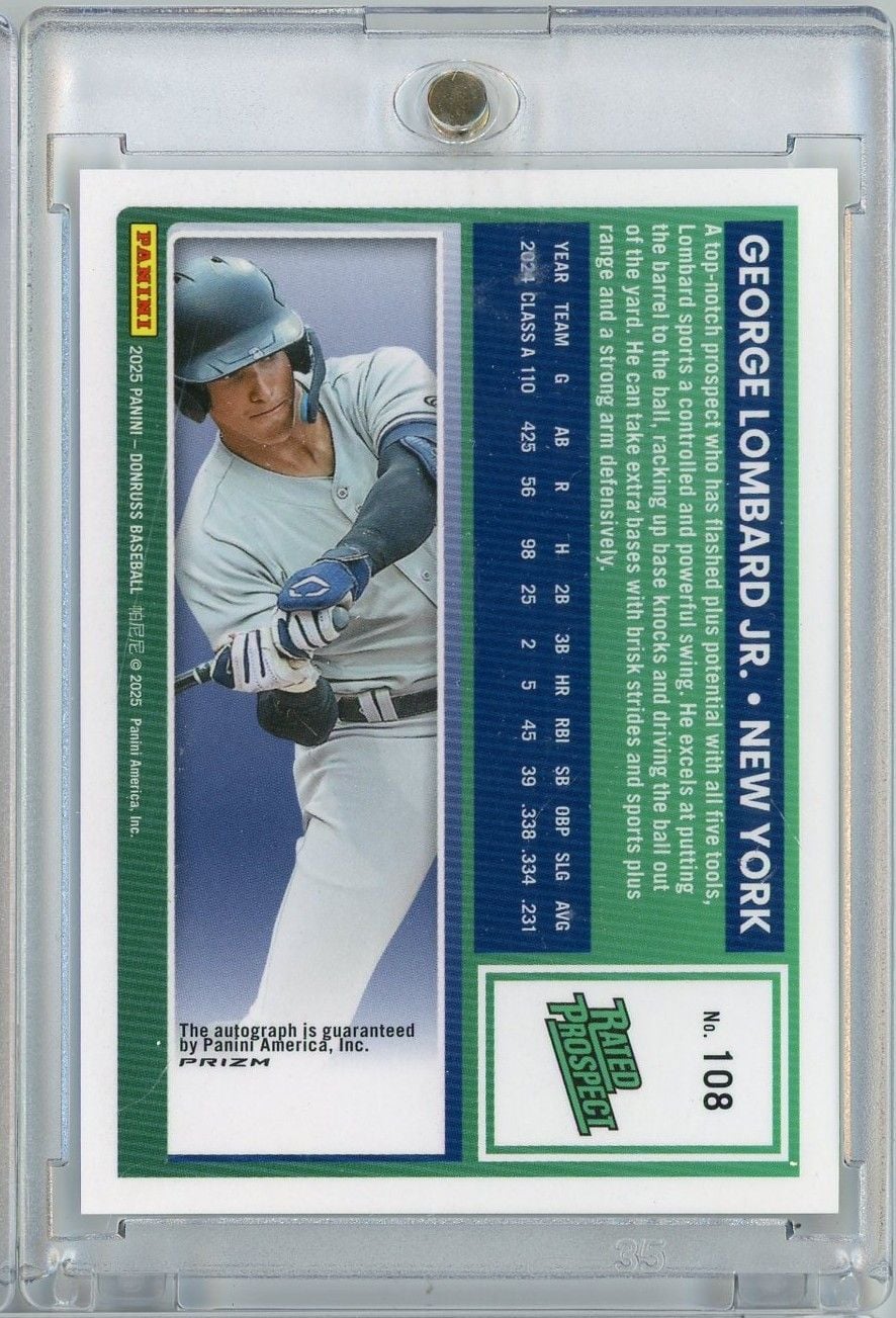 Graded 2025 Donruss Optic George Lombard Jr #108 Rated Prospect Autograph Prizm Refractor Rookie RC Baseball Card