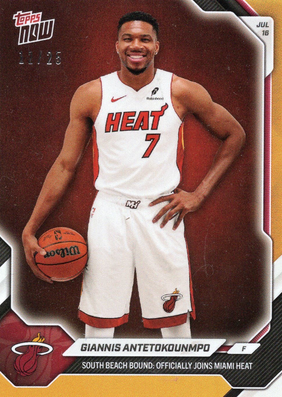 2026 Topps Now Giannis Antetokounmpo #OS02 Orange Foil /25 South Beach Bound: Officially Joins Miami Heat Basketball Card