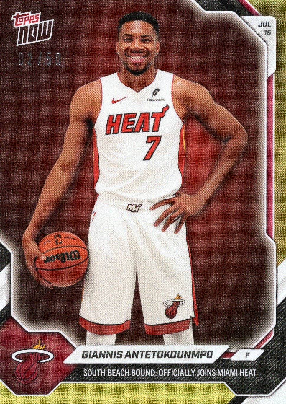 2026 Topps Now Giannis Antetokounmpo #OS02 Gold Foil /50 South Beach Bound: Officially Joins Miami Heat Basketball Card