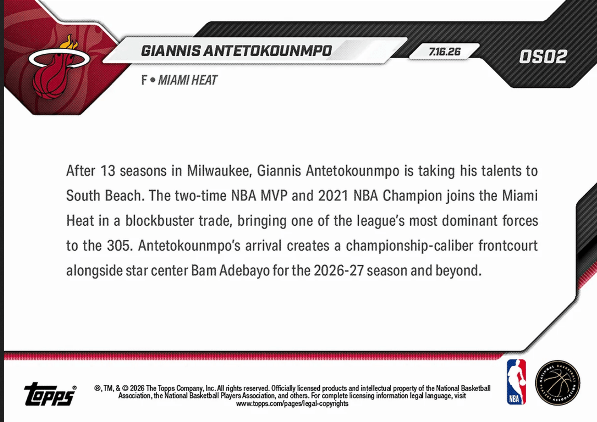 2026 Topps Now Giannis Antetokounmpo #OS02 Gold Foil /50 South Beach Bound: Officially Joins Miami Heat Basketball Card