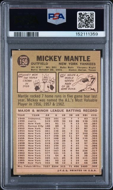 Graded 1967 Topps Mickey Mantle #150 Baseball Card PSA 2 Good