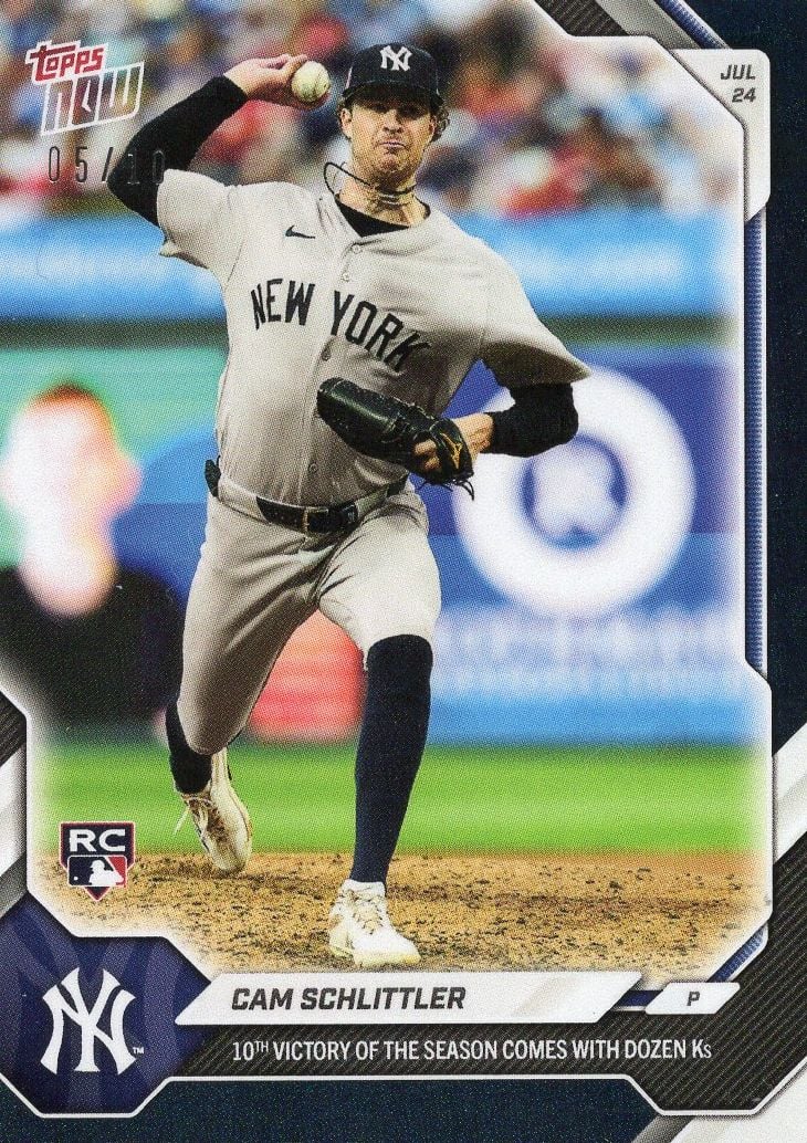 2026 Topps Now Cam Schlittler #483 Black Foil /10 10th Victory of Season Comes with Dozen Ks New York Yankees Rookie RC Baseball Card