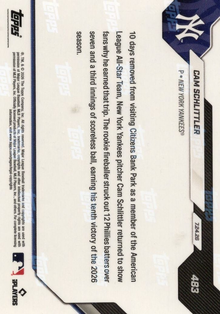 2026 Topps Now Cam Schlittler #483 Black Foil /10 10th Victory of Season Comes with Dozen Ks New York Yankees Rookie RC Baseball Card