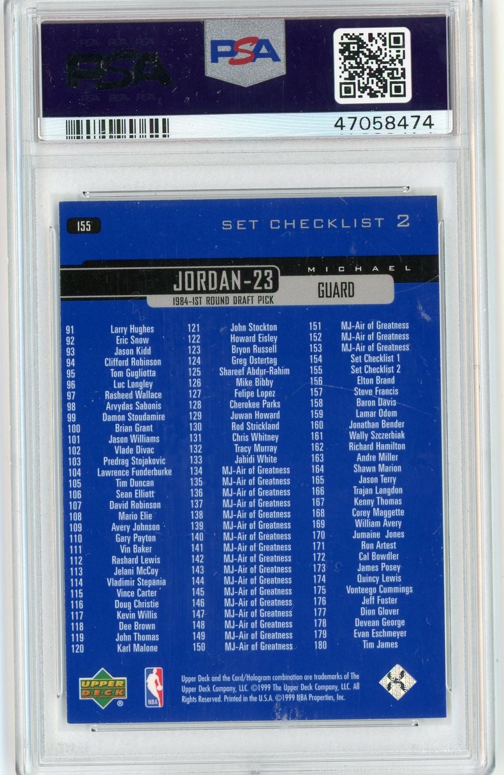 Graded 1999 Upper Deck Michael Jordan #155 Set Checklist 2 Basketball Card PSA 10 Gem Mint
