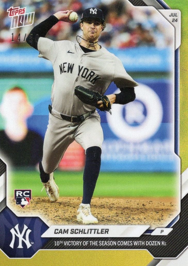 2026 Topps Now Cam Schlittler #483 Gold Foil /50 10th Victory of Season Comes with Dozen Ks New York Yankees Rookie RC Baseball Card