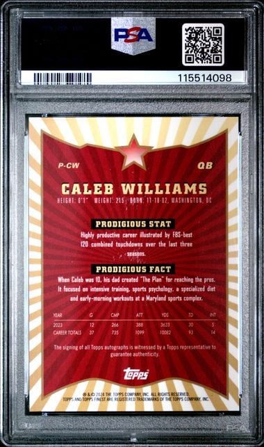 Graded 2024 Topps Finest Football Caleb Williams #PCW Prodigies Autograph Rookie RC Football Card PSA 10 Gem Mint