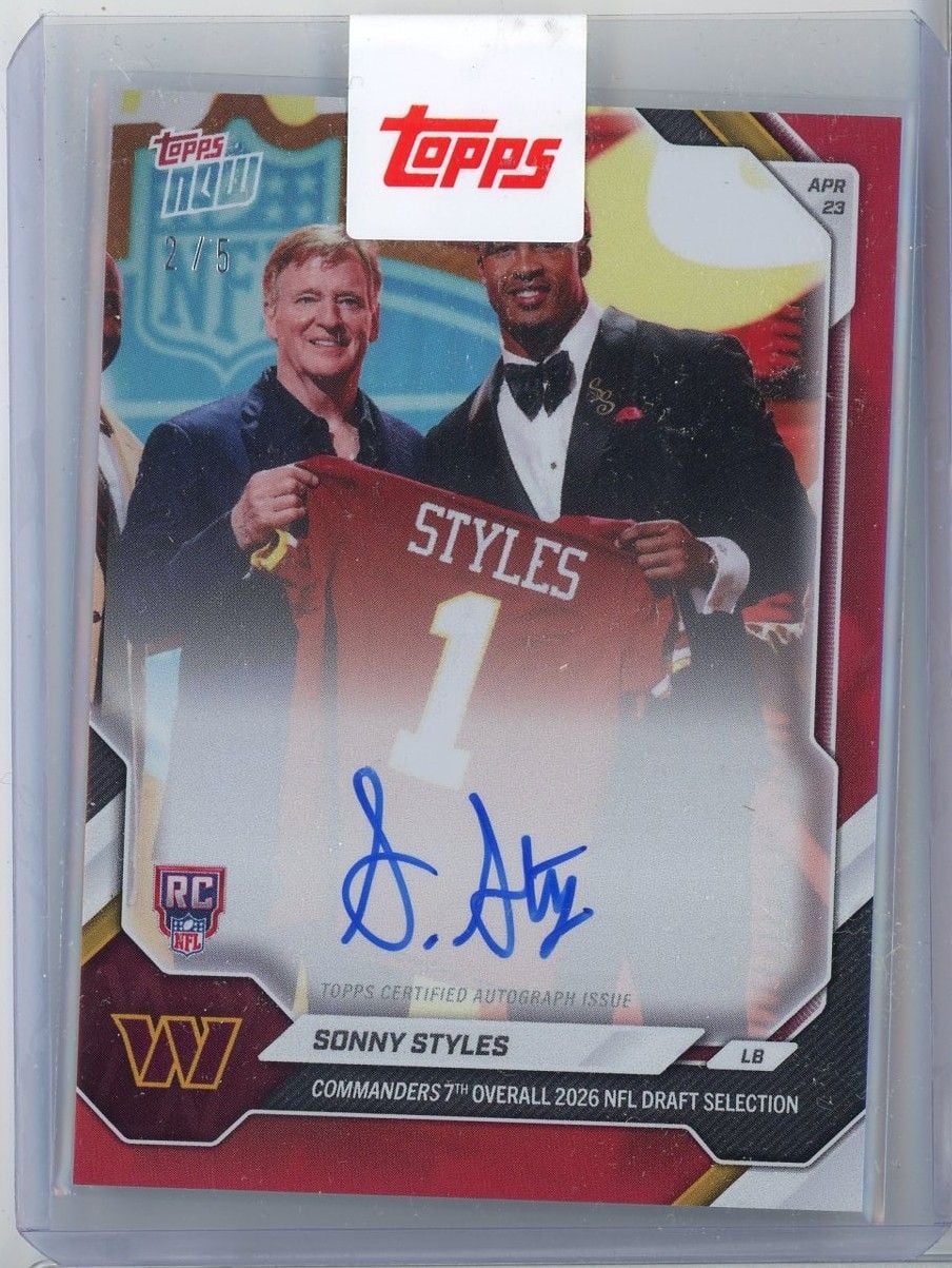 2026 Topps Now Sonny Styles #SSTYA Red Auto /5 Commanders 7th Overall 2026 NFL Draft Selection Washington Commanders Rookie RC Football Card