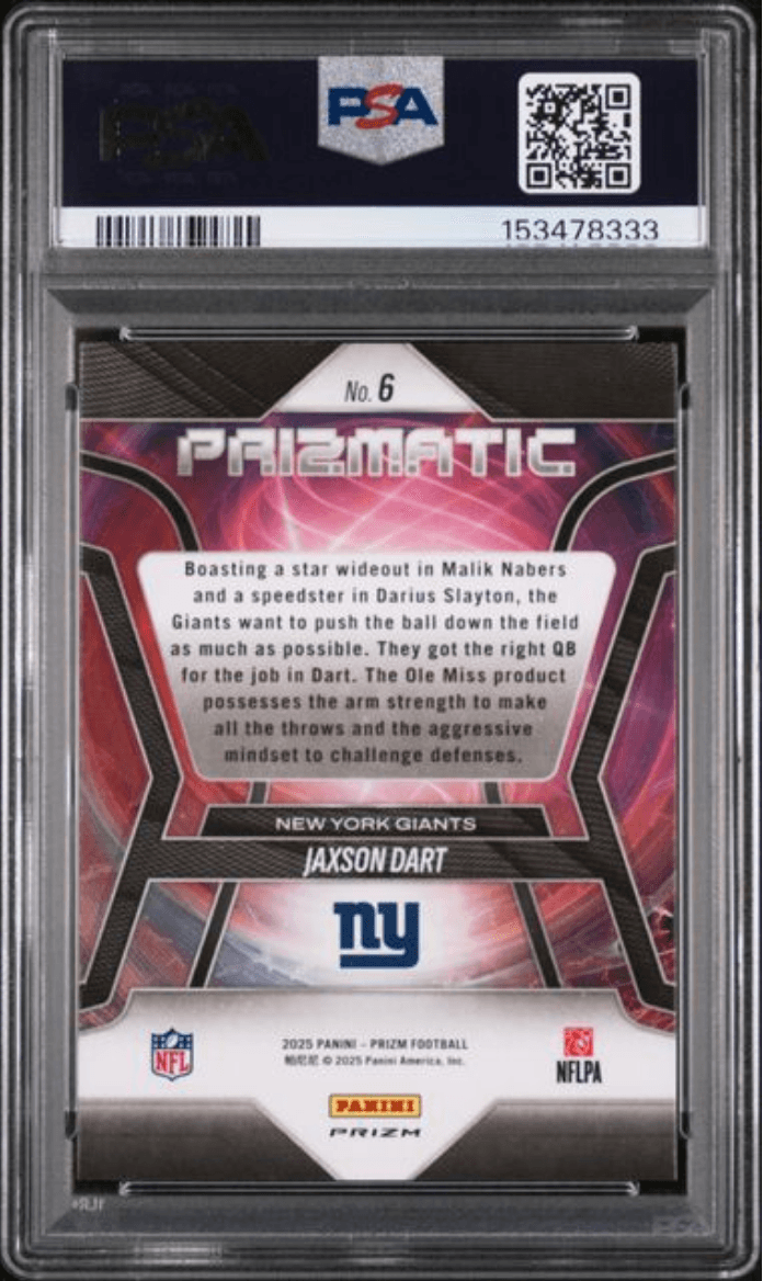 Graded 2025 Panini Prizm Jaxson Dart #6 Prizmatic Silver Prizm Rookie RC Football Card PSA 10 Gem Mint