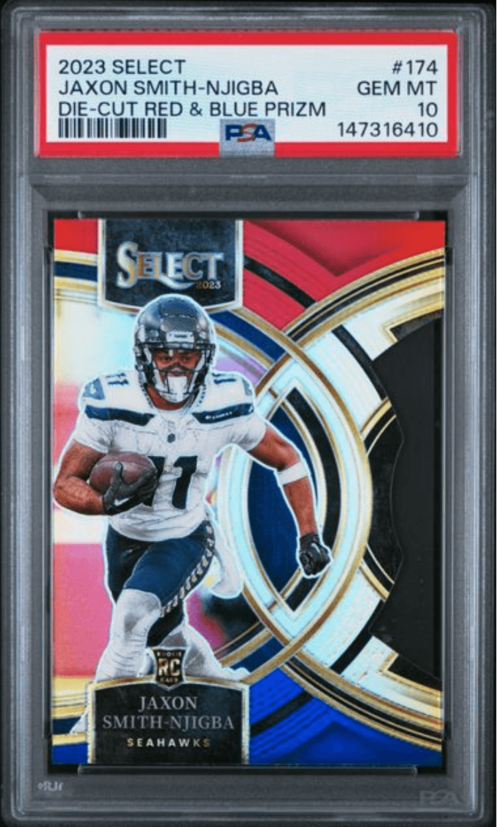 Graded 2023 Panini Select Jaxon Smith-Njigba #174 Die-Cut Red & Blue Prizm Rookie RC Football Card PSA 10 Gem Mint