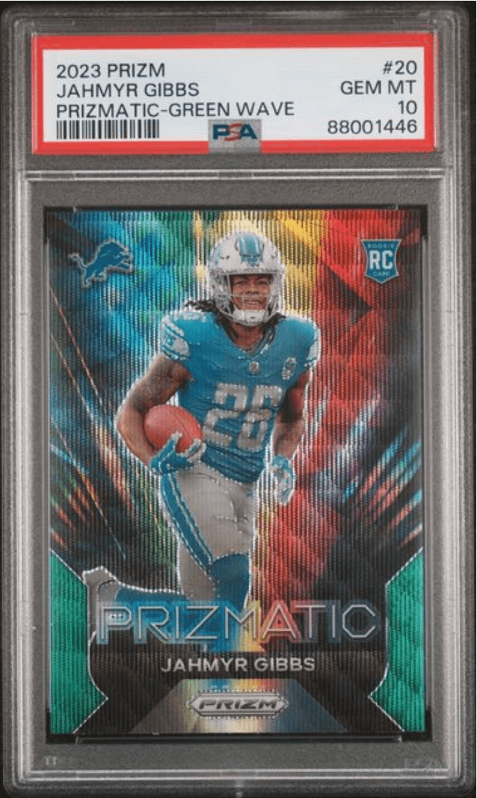 Graded 2023 Panini Prizm Jahmyr Gibbs #20 Prizmatic Green Wave Rookie RC Football Card PSA 10 Gem Mint