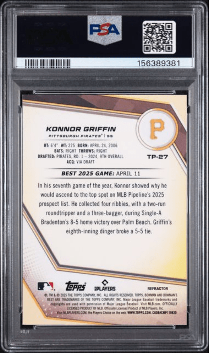 Graded 2025 Topps Bowman's Best Konnor Griffin #TP27 Top Prospects Refractor Rookie RC Baseball Card PSA 10 Gem Mint