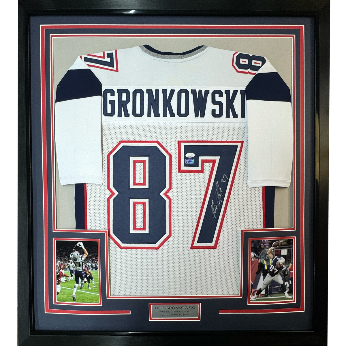 Framed Autographed/Signed Rob Gronkowski 35x39 New England White Football Jersey Beckett BAS COA