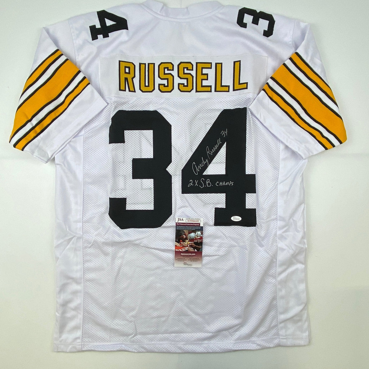 Autographed/Signed Andy Russell 2x SB Champs Pittsburgh White Football Jersey JSA COA