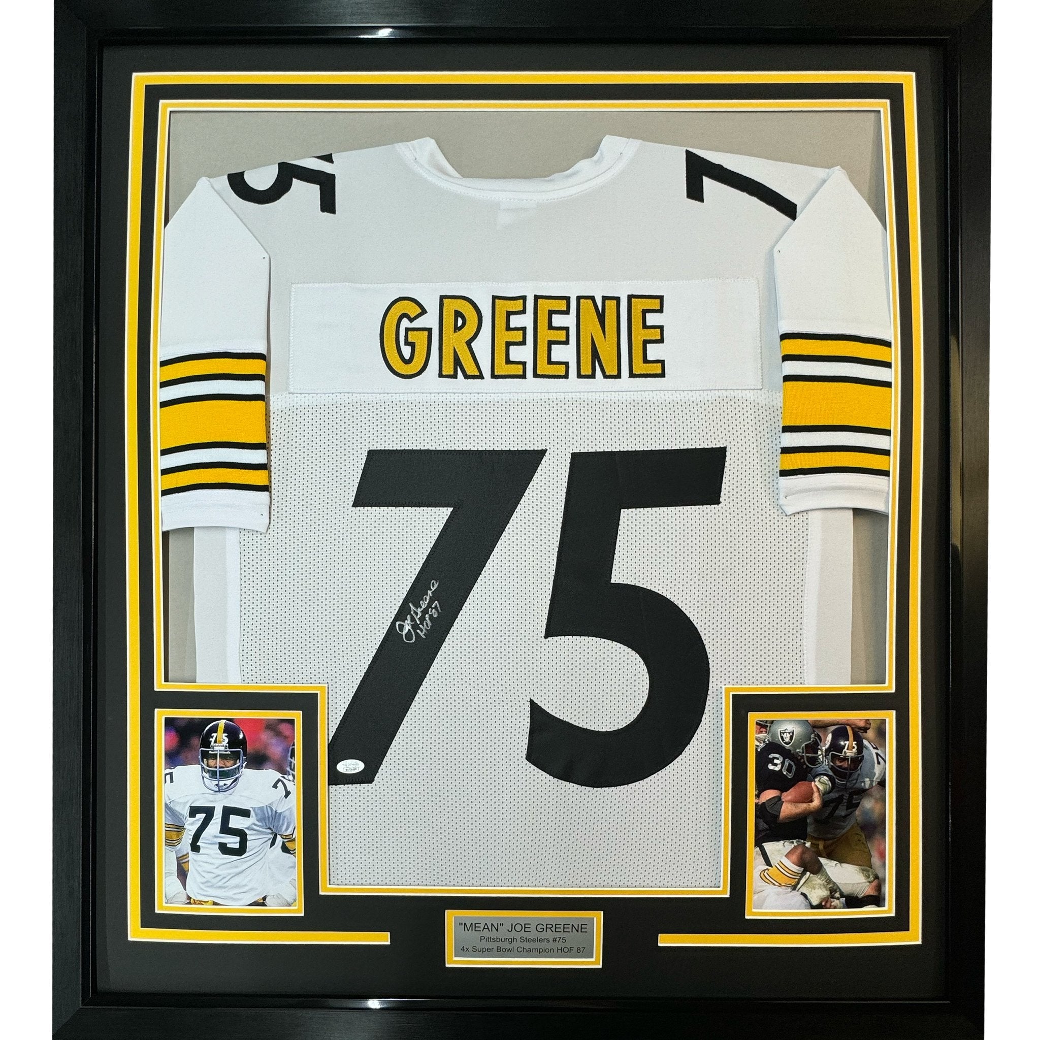 Framed Autographed/Signed Mean Joe Greene HOF 87 35x39 Pittsburgh White Football Jersey JSA COA