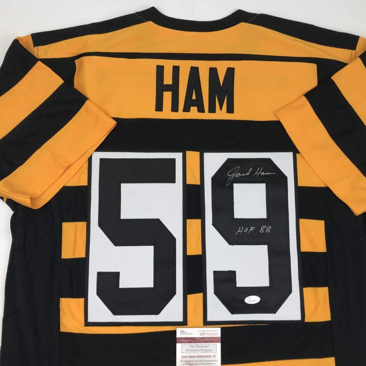 Autographed/Signed Jack Ham HOF 88 Pittsburgh Bumble Bee Football Jersey JSA COA