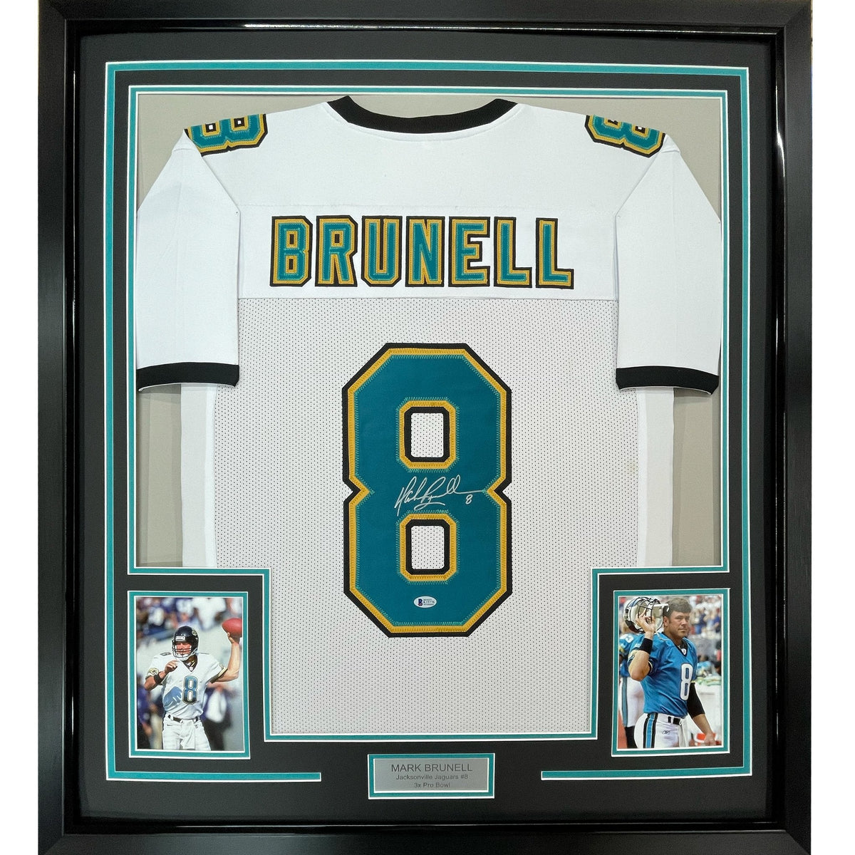 Framed Autographed/Signed Mark Brunell 35x39 Jacksonville White Football Jersey Beckett BAS COA