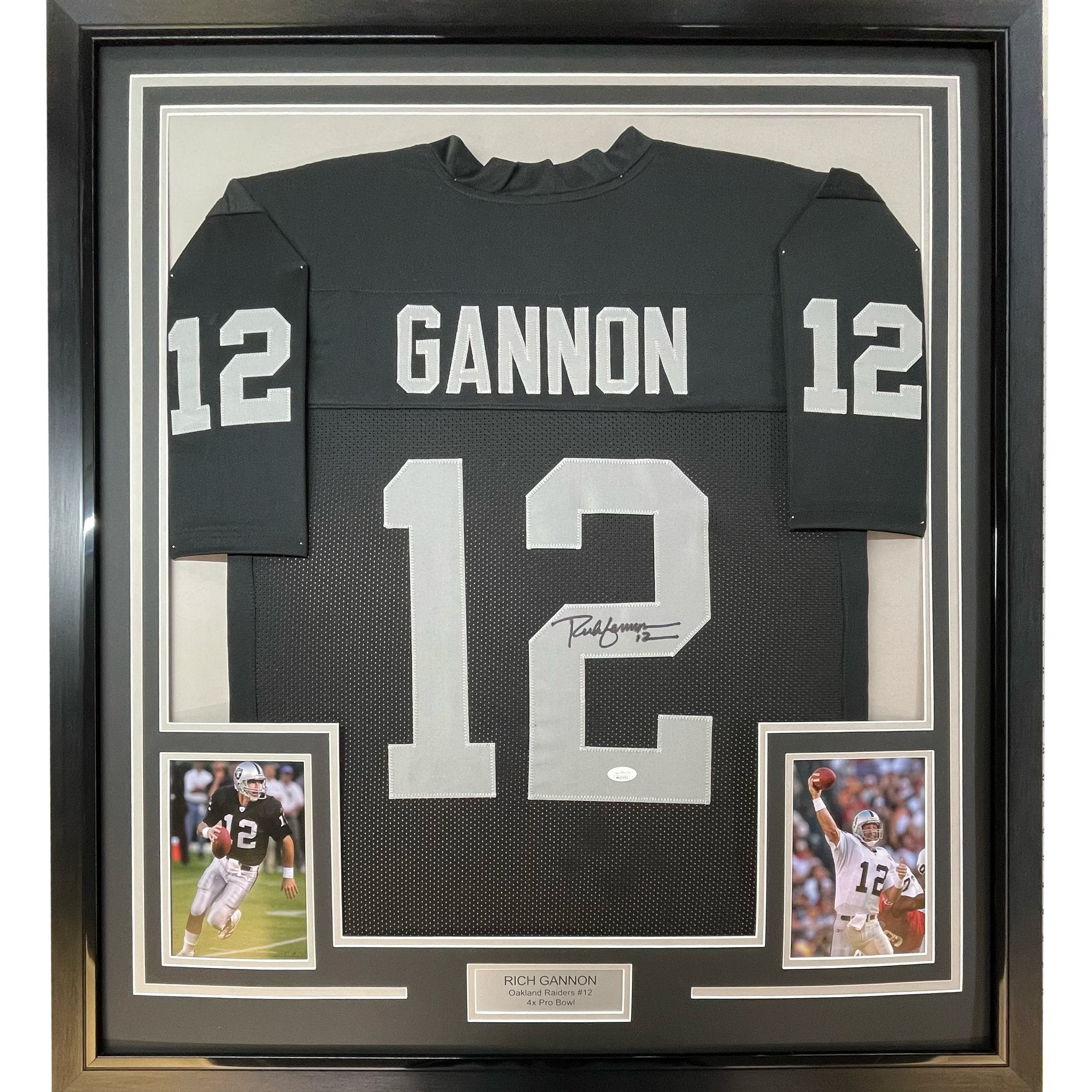 Framed Autographed/Signed Rich Gannon 35x39 Oakland Las Vegas Black Football Jersey JSA COA