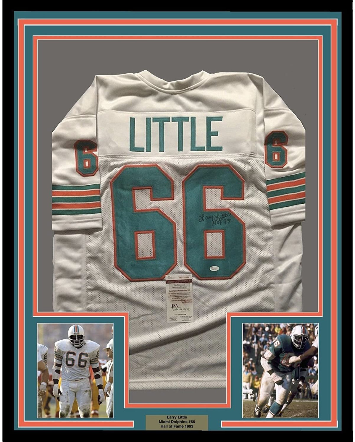 Framed Autographed/Signed Larry Little HOF 93  35x39 Miami Dolphins White Football Jersey JSA COA