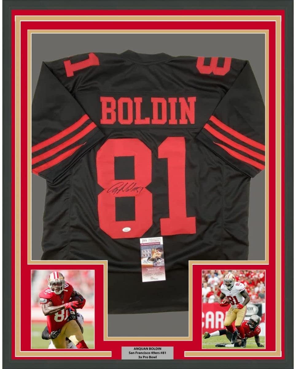 Framed Autographed/Signed Anquan Boldin 35x39 San Francisco Black Football Jersey JSA COA
