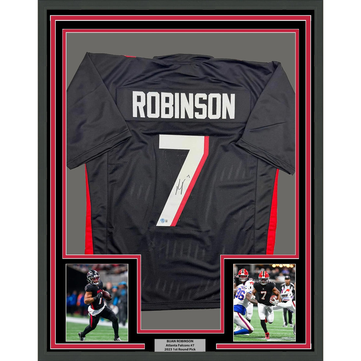Framed Autographed/Signed Bijan Robinson 35x39 Atlanta Black Football Jersey Beckett BAS COA