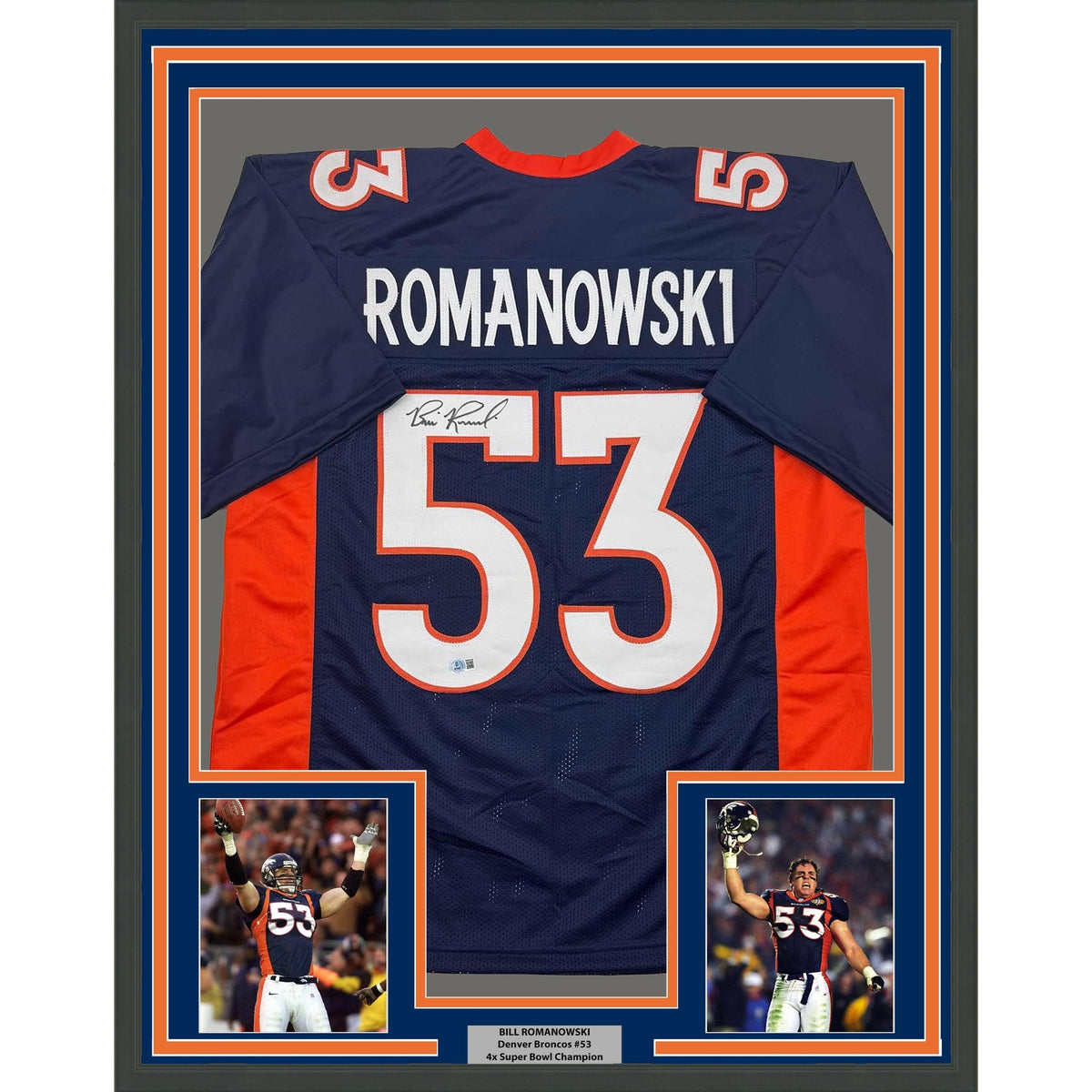 Framed Autographed/Signed Bill Romanowski 35x39 Denver Blue Football Jersey Beckett BAS COA