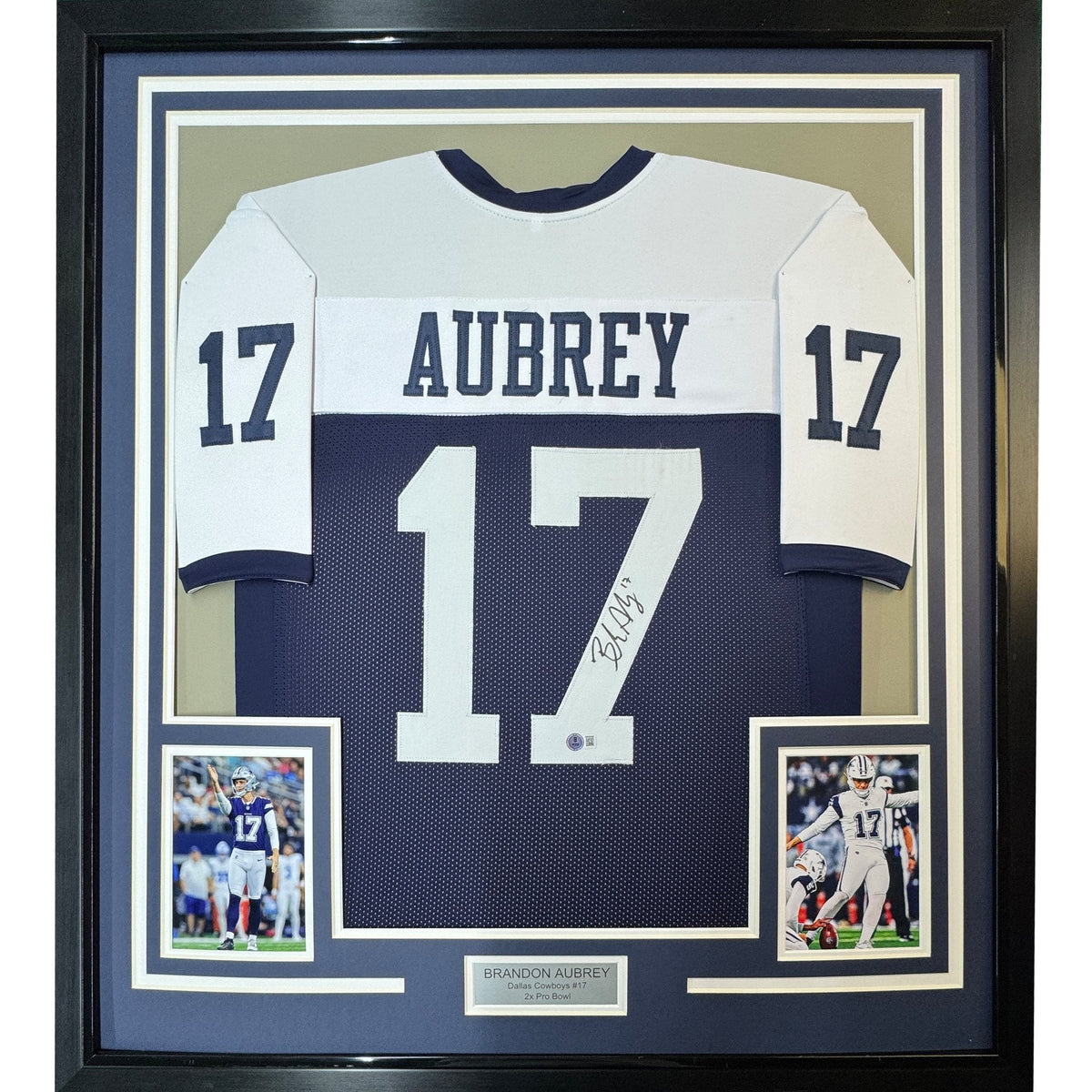 Framed Autographed/Signed Brandon Aubrey 35x39 Dallas Thanksgiving Day Football Jersey Beckett BAS COA