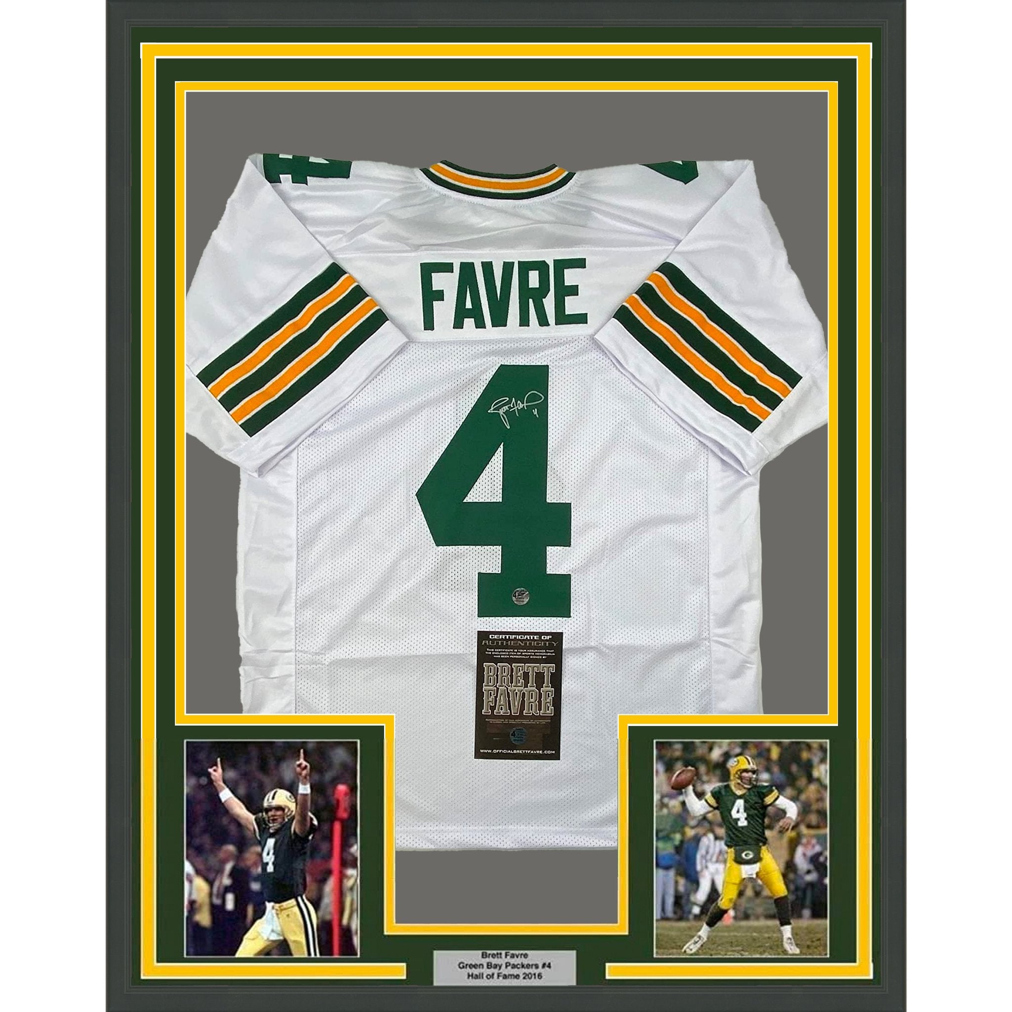 Framed Autographed/Signed Brett Favre 35x39 Green Bay White Football Jersey Favre Hologram COA