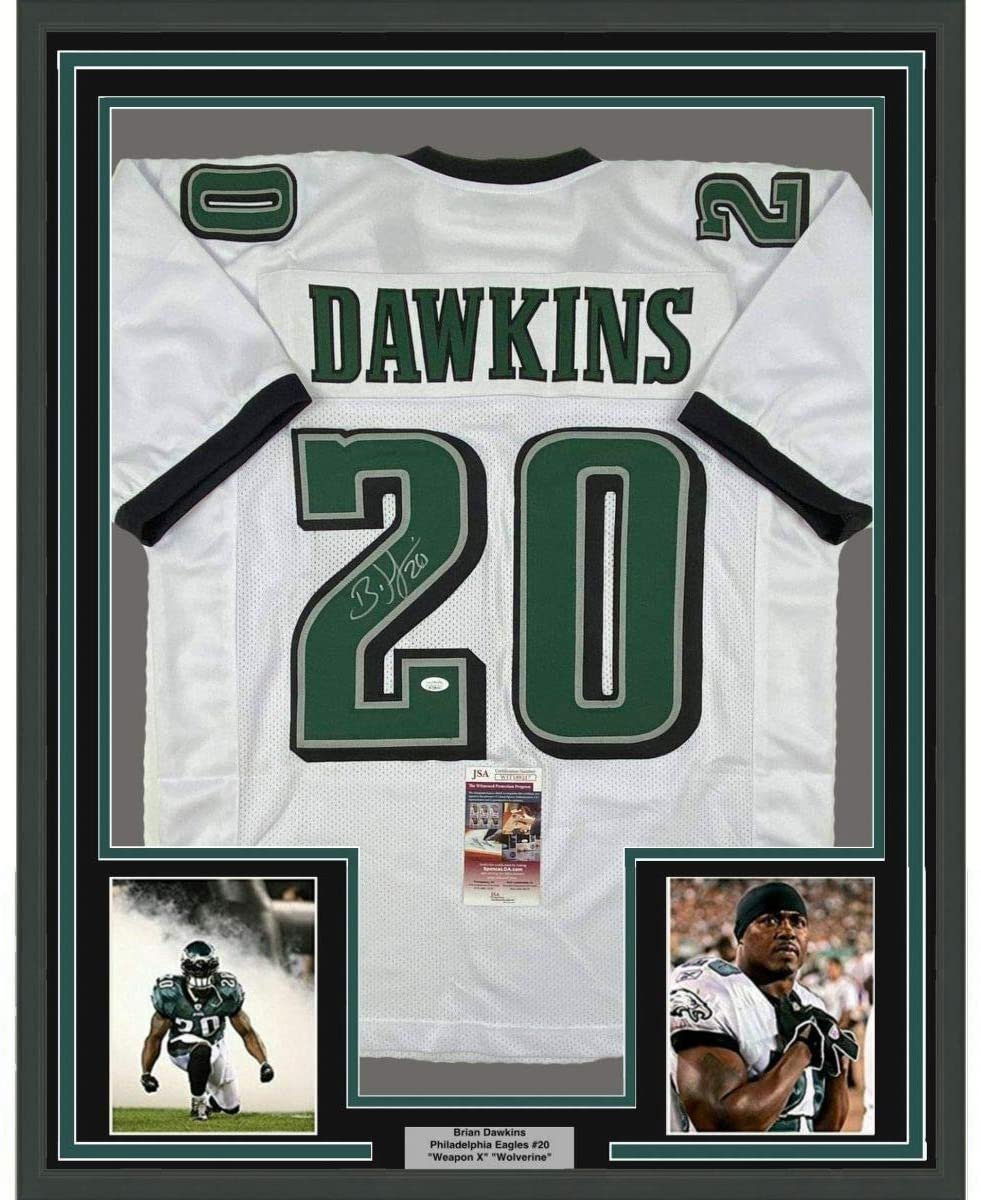 Framed Autographed/Signed Brian Dawkins 35x39 Philadelphia White Football Jersey JSA COA