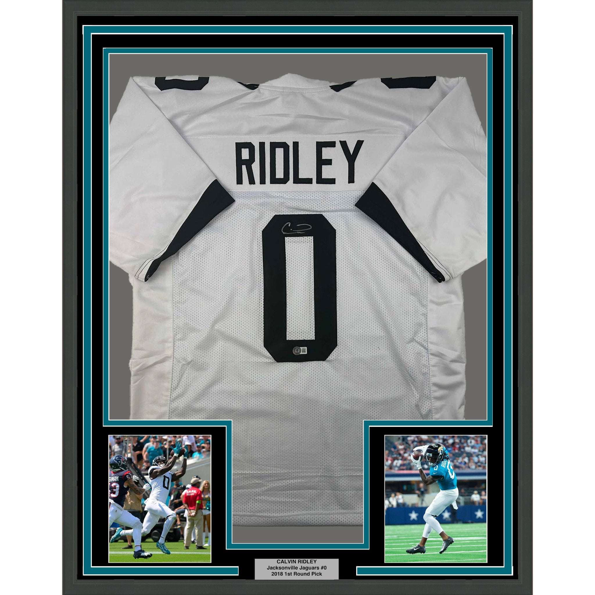 Framed Autographed/Signed Calvin Ridley 35x39 Jacksonville White Football Jersey Beckett BAS COA
