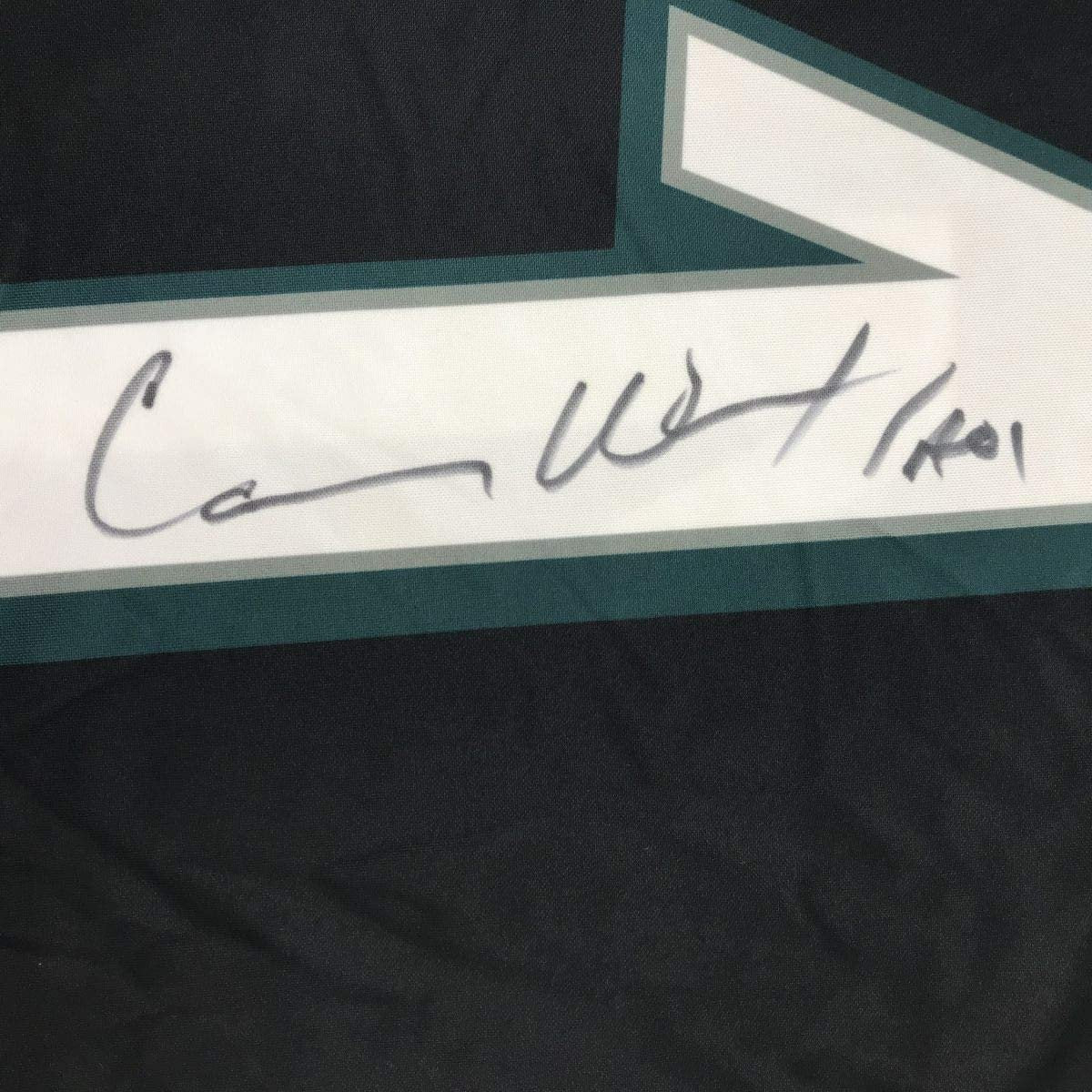 Framed Autographed/Signed Carson Wentz 35x39 Philadelphia Eagles Black Nike Dri Fit Football Jersey Fanatics COA