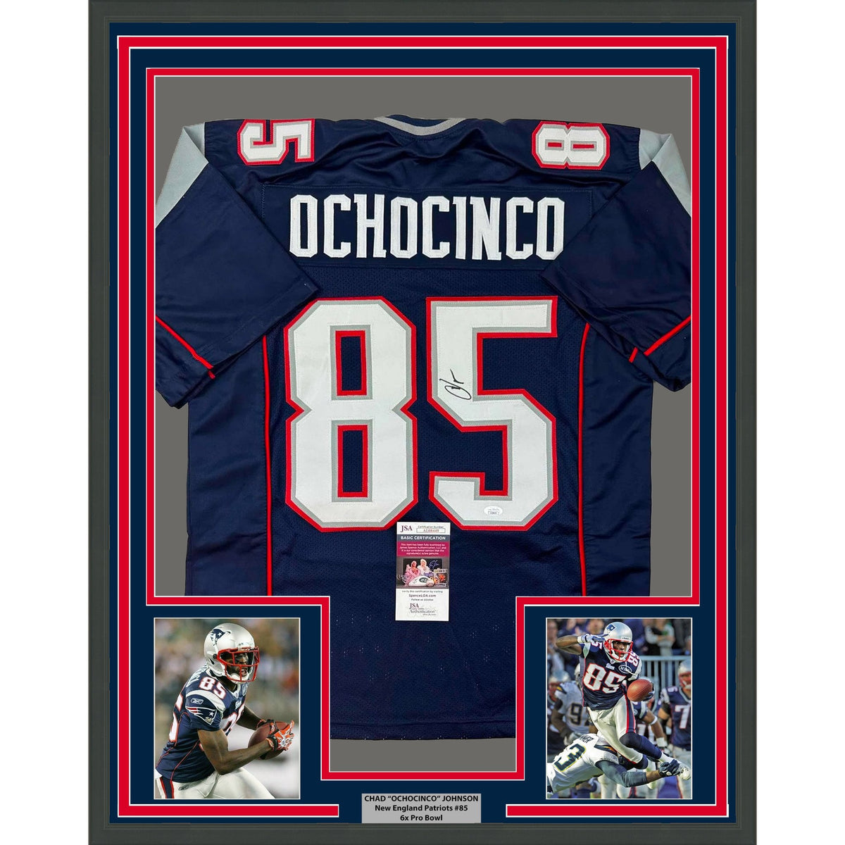 Framed Autographed/Signed Chad Ochocinco (Johnson) 35x39 New England Blue Football Jersey JSA COA