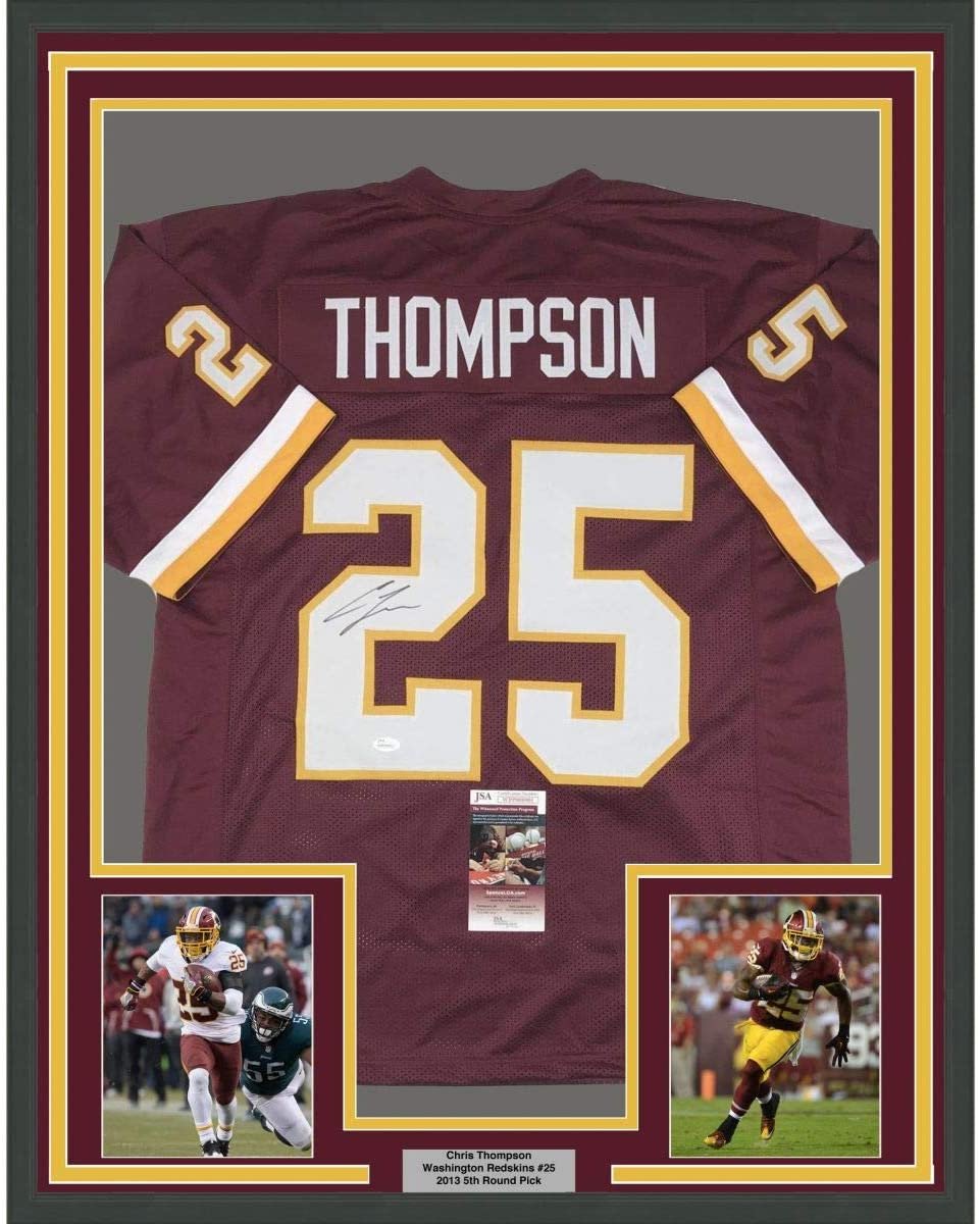 Framed Autographed/Signed Chris Thompson 35x39 Washington Burgundy Football Jersey JSA COA