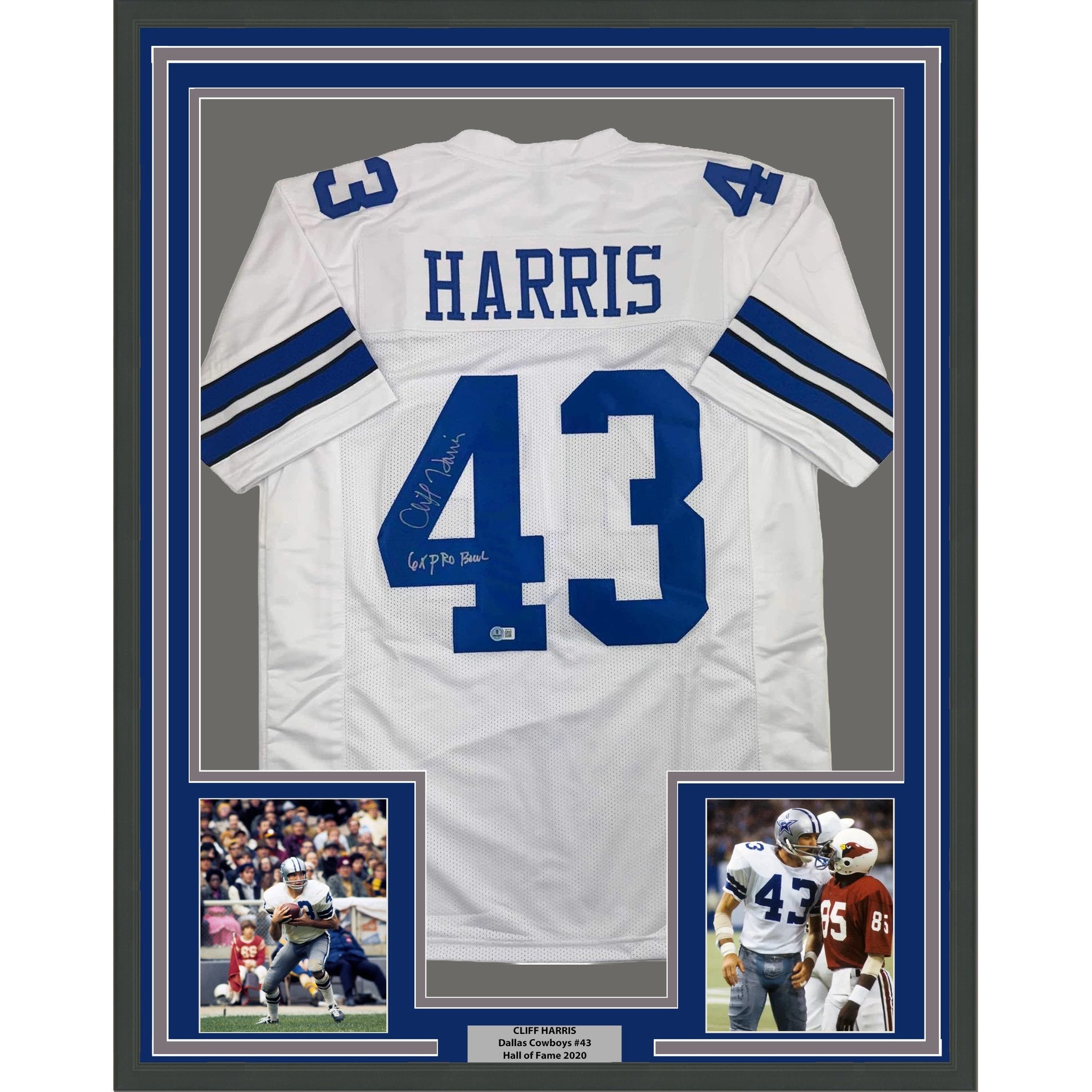 Framed Autographed/Signed Cliff Harris 35x39 Dallas White Football Jersey Beckett BAS COA