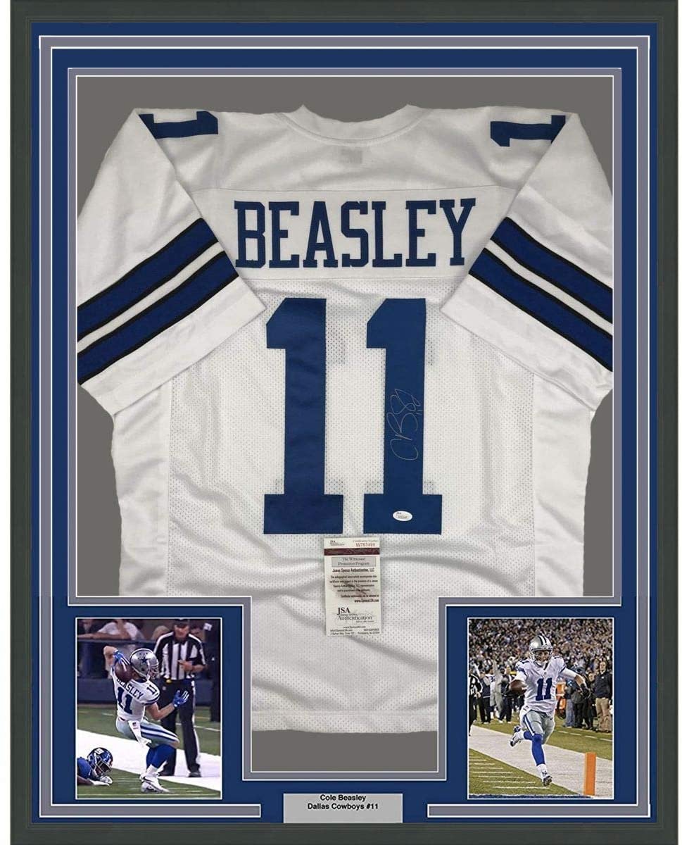 Framed Autographed/Signed Cole Beasley 35x39 Dallas White Football Jersey JSA COA