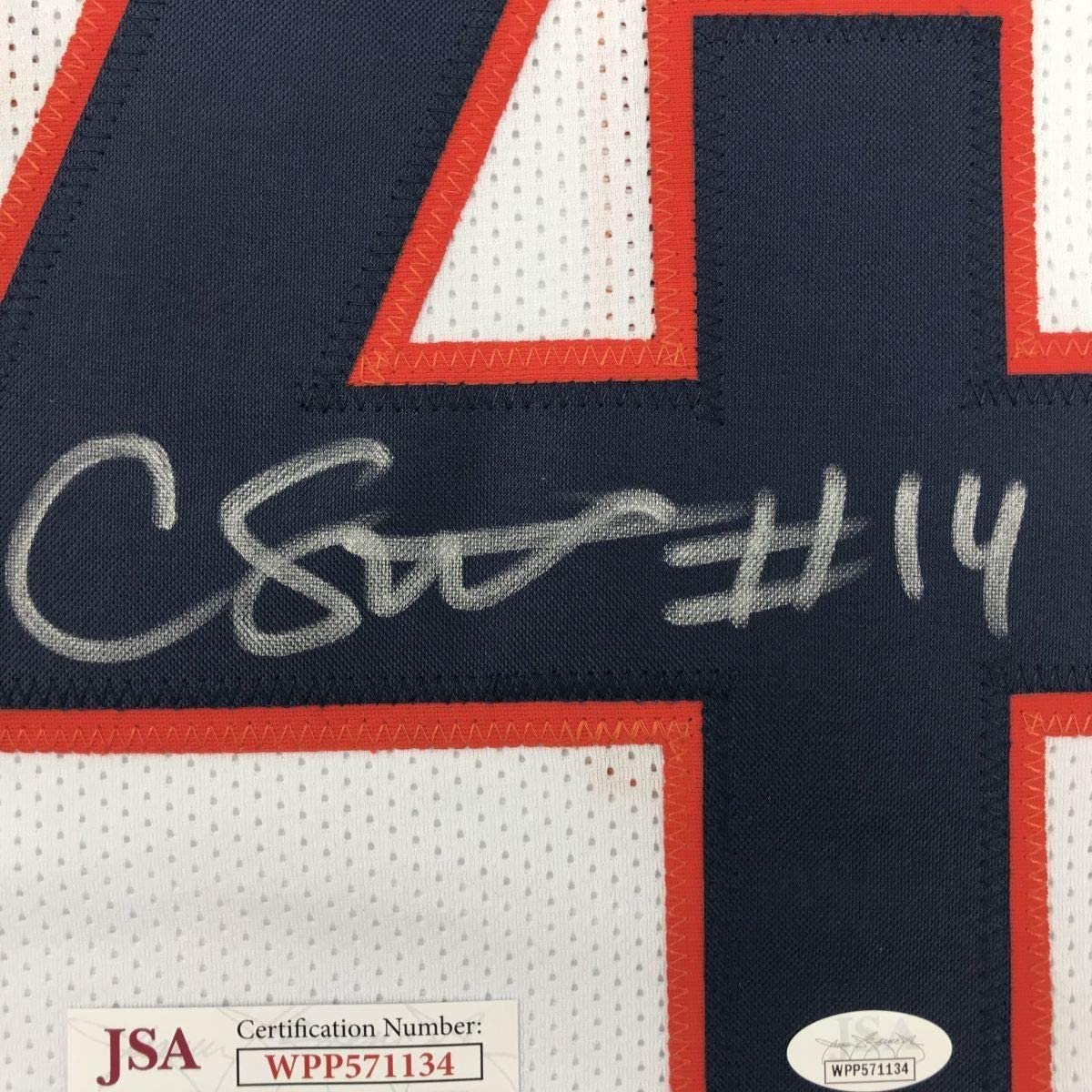 Framed Autographed/Signed Courtland Sutton 35x39 Denver White Football Jersey JSA COA