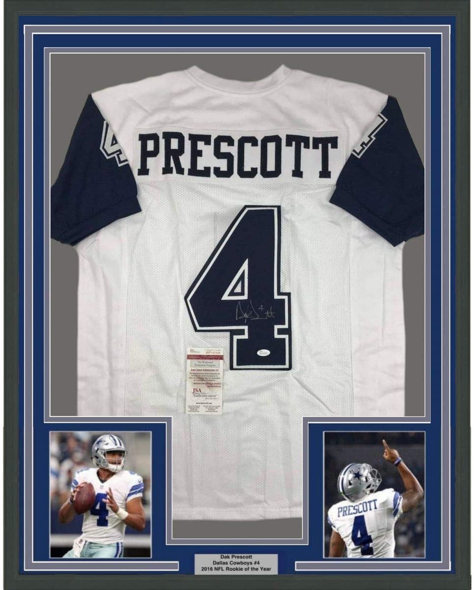 Framed Autographed/Signed Dak Prescott 35x39 Dallas Color Rush Football Jersey JSA COA