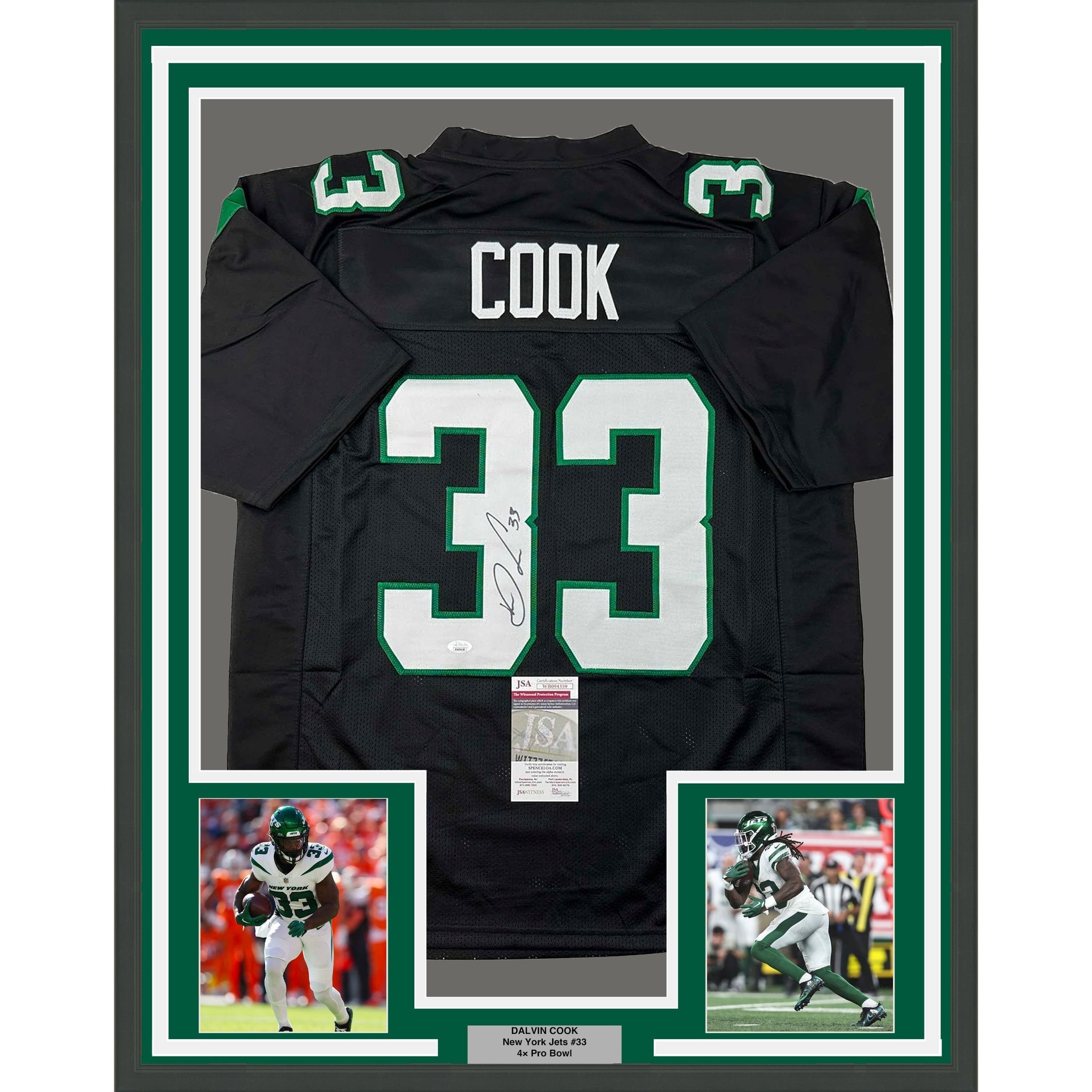 Framed Autographed/Signed Dalvin Cook 35x39 New York Black Football Jersey JSA COA