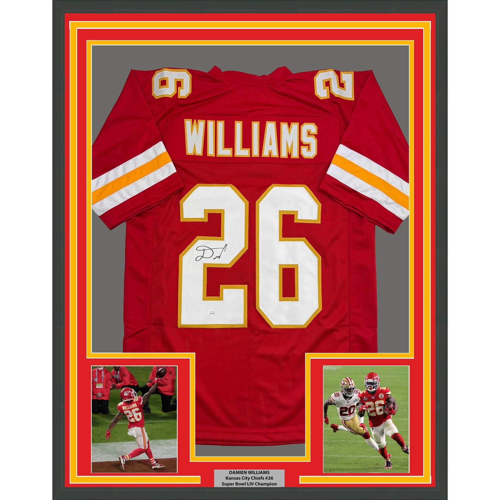 Framed Autographed/Signed Damien Williams 35x39 Kansas City Red Football Jersey JSA COA