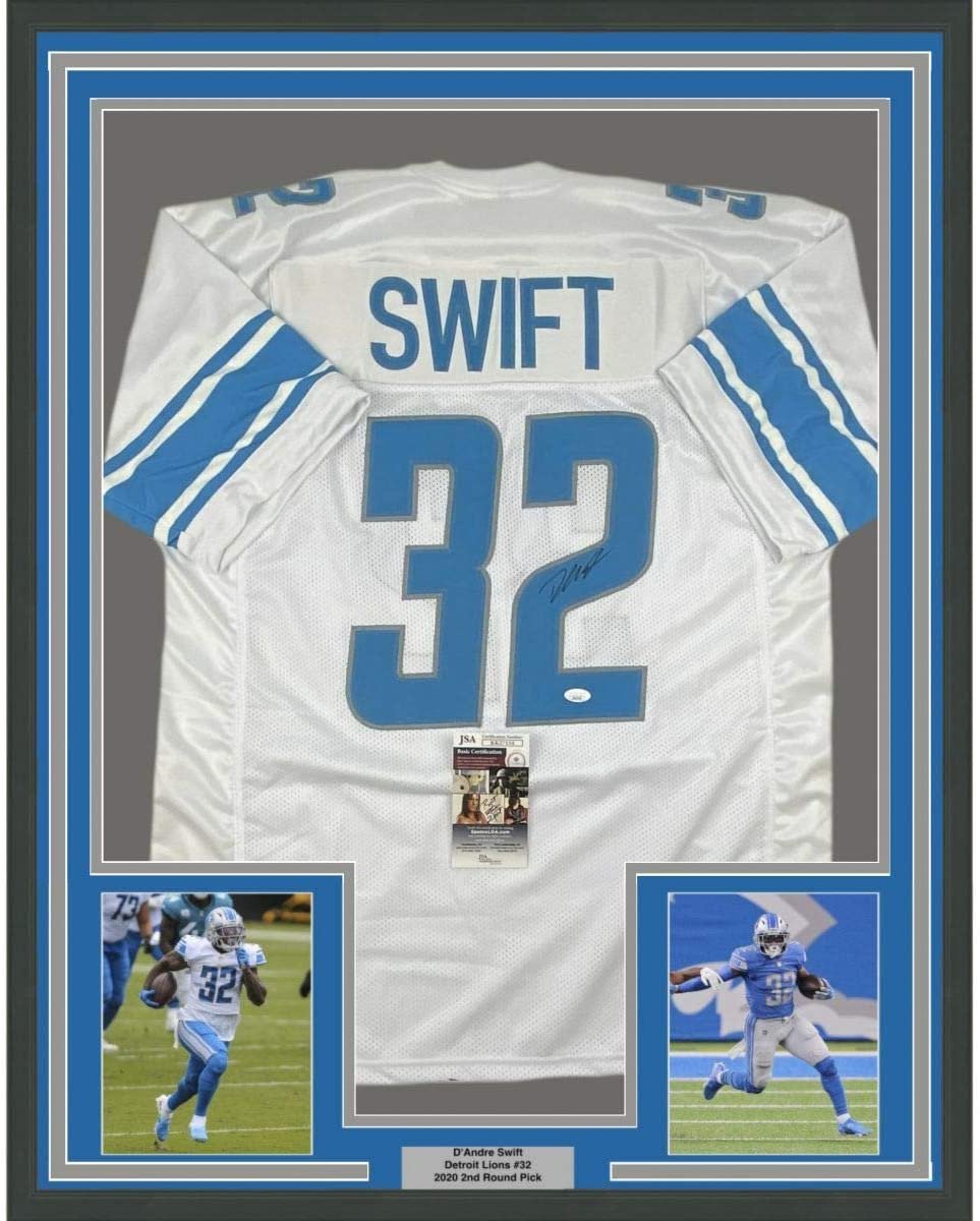 Framed Autographed/Signed D'Andre Swift 35x39 Detroit White Football Jersey JSA COA