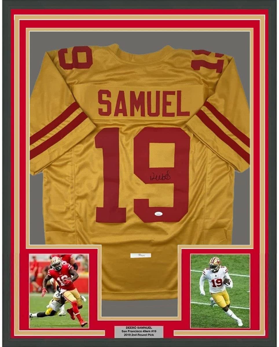 Framed Autographed/Signed Deebo Samuel 35x39 San Francisco Gold Football Jersey JSA COA